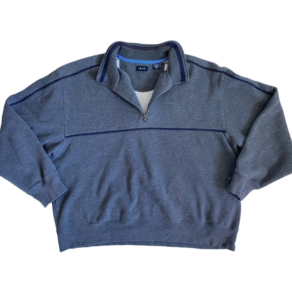 IZOD Mens XXL Gray Navy Piped Fleece Quarter Zip Pullover Sweatshirt - Picture 3 of 10